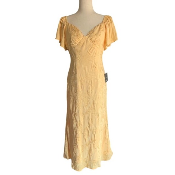 NWT Lulus Midi Dress L Butter Yellow Recencycore Babydoll Satin Flutter Sleeve - Picture 4 of 15